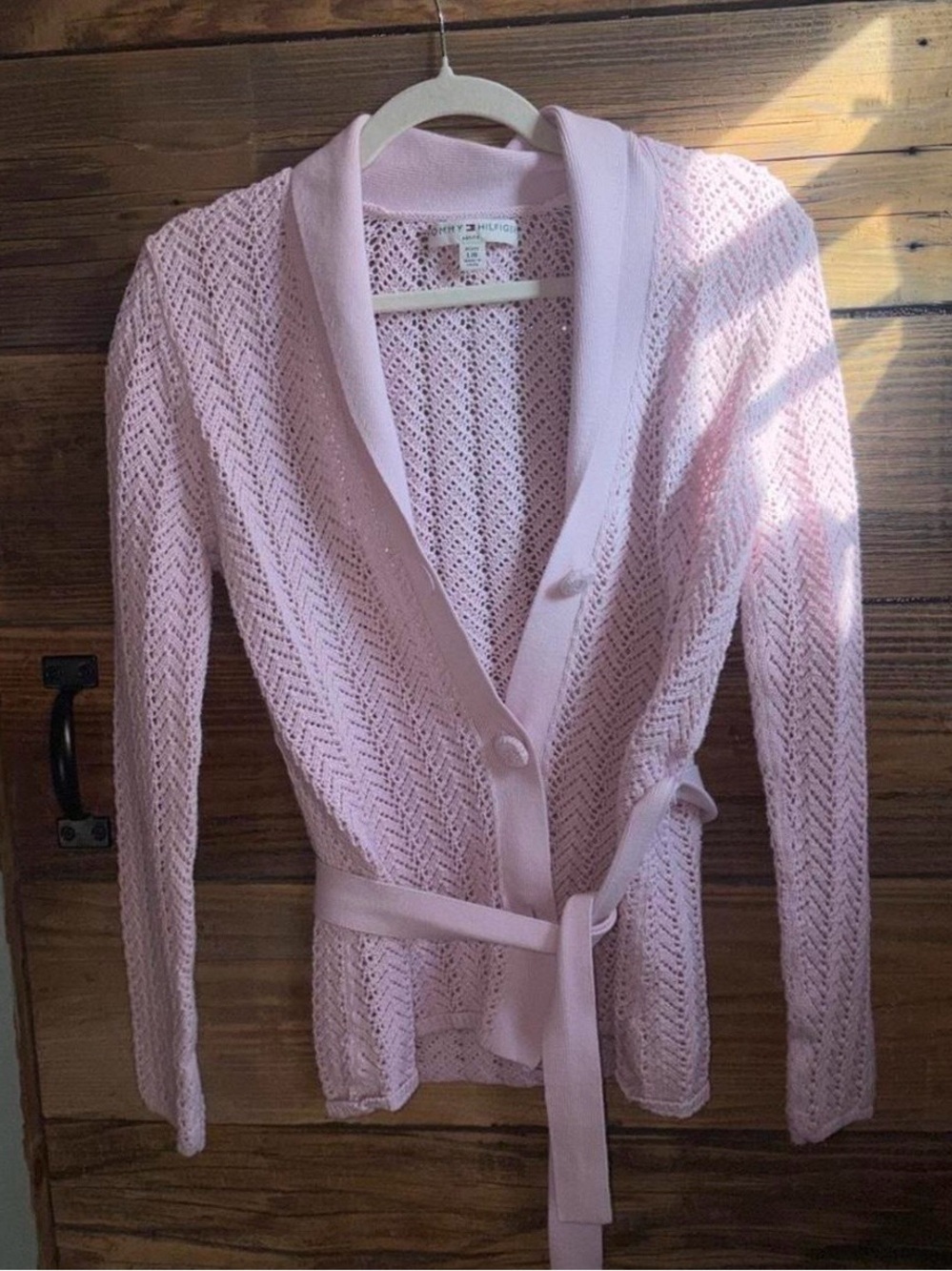 Y2K Tommy Hilfiger Petite Pink Openwork Shawl-Collar Cardigan (early 2000s)